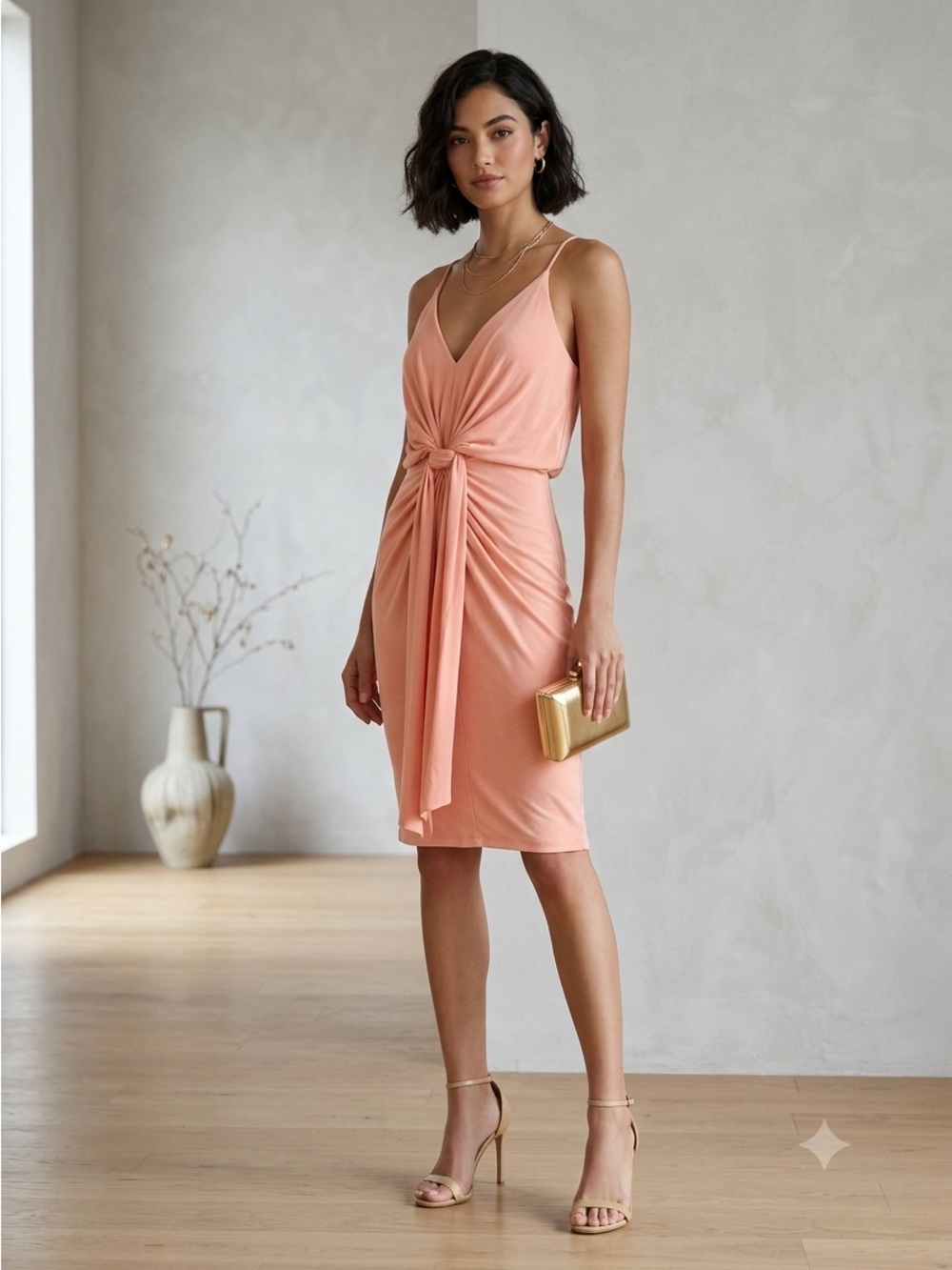 MISA Los Angeles Coral Domino Knot Front Jersey Midi Dress - XS